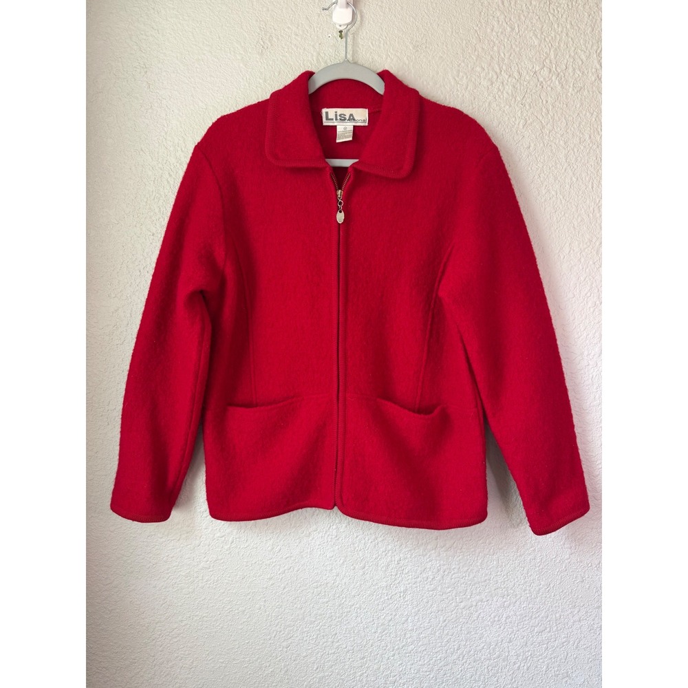 Lisa International Red Boiled Wool Full Zip Jacket Collared Size Medium Vintage